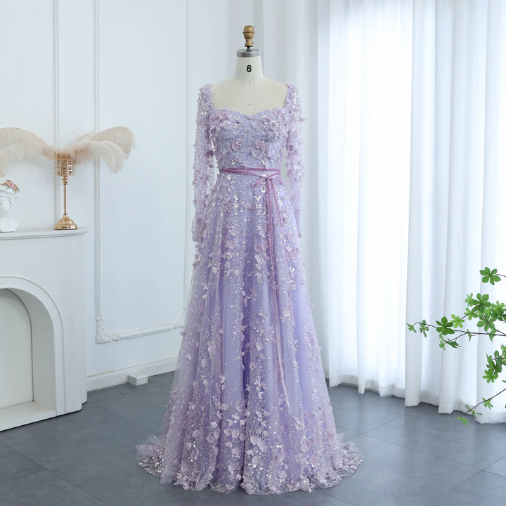 Dreamy Vow Luxury 3D Flower Gray Long Sleeves Evening Dresses for Women Wedding Party Elegant Arabic A-line Formal Gowns SS353