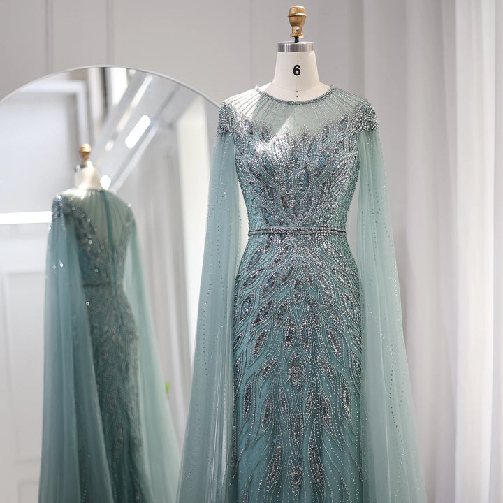 Dreamy Vow Luxury Arabic Blue Mermaid Evening Dress with Cape Sleeves Sage Green Gold Dubai Women Wedding Party Gowns 009