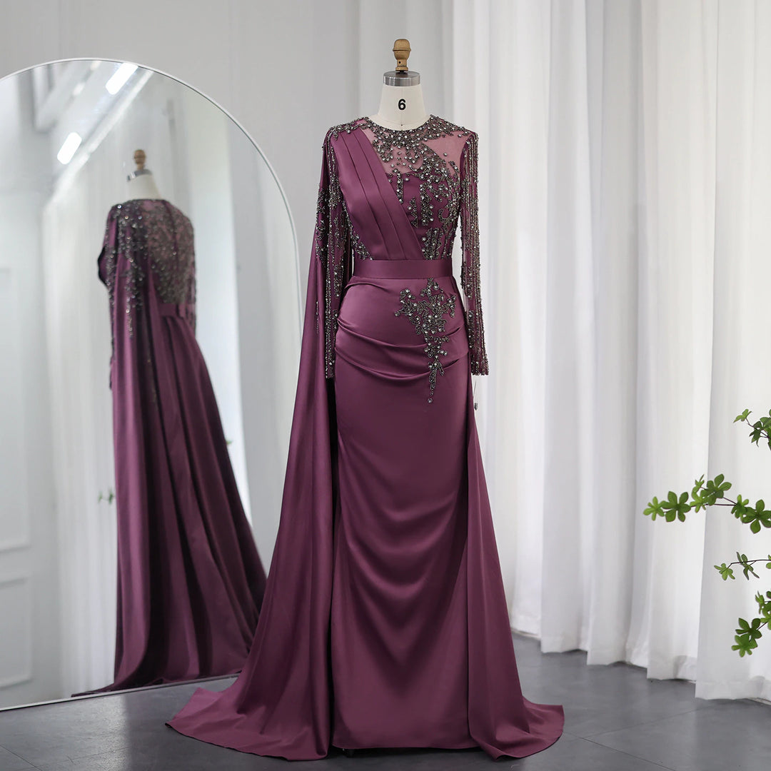 Dreamy Vow Burgundy Long Arabic Evening Dresses with Cape Sleeve Luxury Dubai Muslim Formal Dress for Women Wedding Party 276