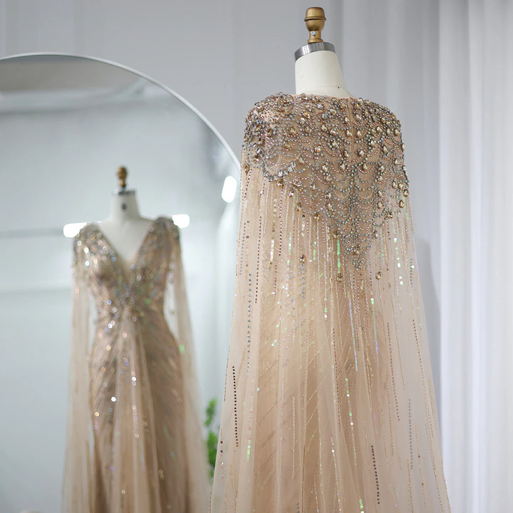 Dreamy Vow Luxury Dubai Sage Green Evening Dresses with Cape Fuchsia Crystal Gold Elegant Women Wedding Formal Party Gown 399