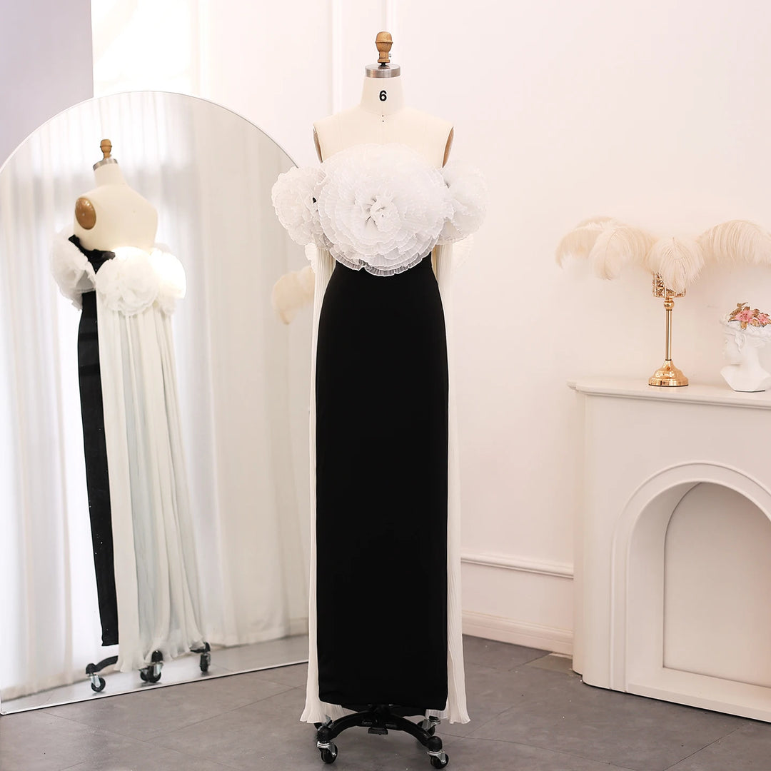 Dreamy Vow Elegant Black and White Mermaid Dress with Cape 3D Flowers Saudi Arabia Dubai Women Wedding Party Gowns 2024 SF018