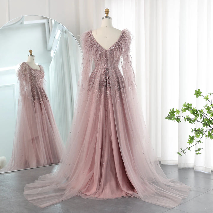 Dreamy Vow Dusty Pink Luxury Feathers Arabic Evening Dresses with Cape Elegant Women Dubai Turkey Wedding Party Gowns SS406