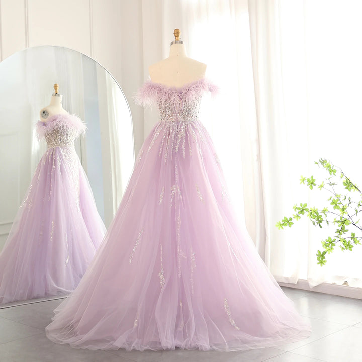 Dreamy Vow Luxury Dubai Feathers Lilac Evening Dress with Overskirt Side Slit Arabic Blue Green Women Wedding Party Gowns SS252