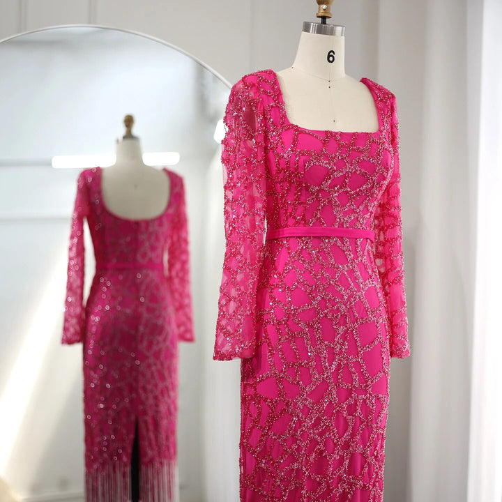 Dreamy Vow Luxury Dubai Tassel Hot Pink Evening Dresses for Women Elegant Long Sleeves Fuchsia Arabic Wedding Party Gowns SS347
