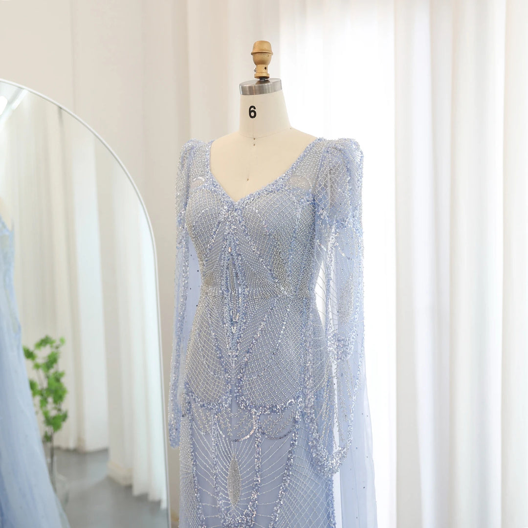 Dreamy Vow Luxury Mermaid Light Blue Evening Dresses with Cape Sleeves Elegant Plus Size Women Wedding Guest Party Gowns SS157