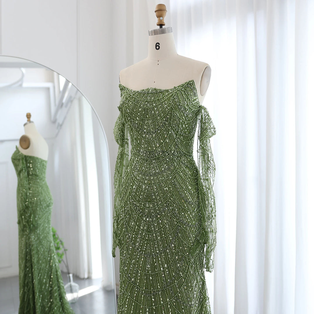 Dreamy Vow Luxury Dubai Mermaid Green Evening Dresses with Gloves 2024 Elegant Saudi Arabia Women Wedding Party Gowns SS306