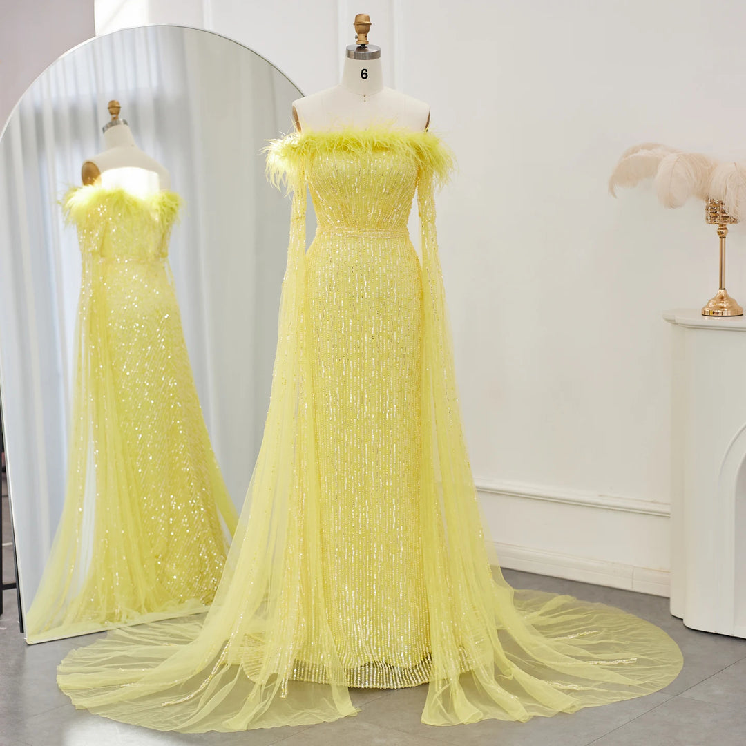 Dreamy Vow Luxury Dubai Feathers Mermaid Sage Green Evening Dresses with Cape Sleeves Pink Yellow Wedding Party Gowns SS215