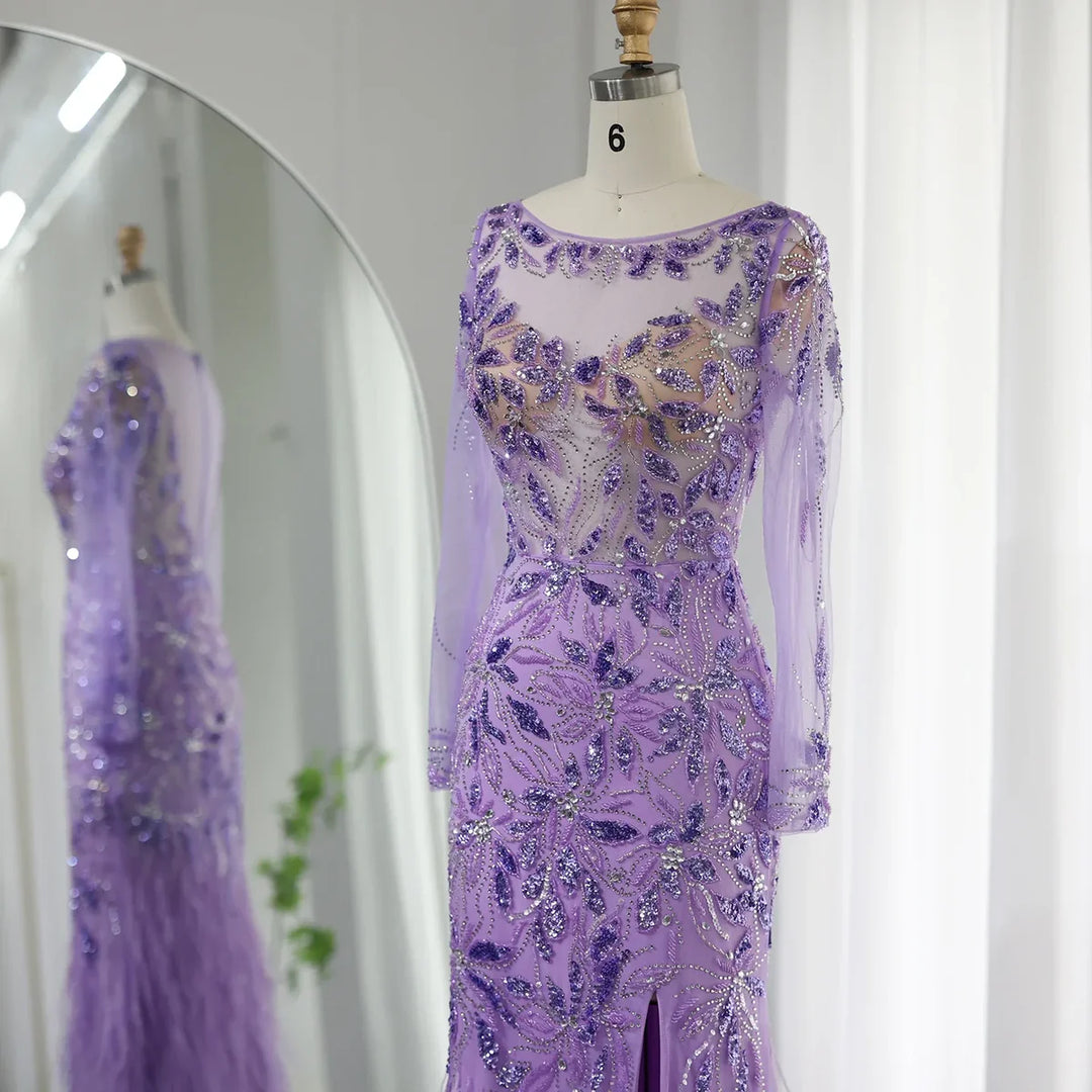 Luxury Lilac Feathers Mermaid Long Sleeves Slit Evening Dress SS189