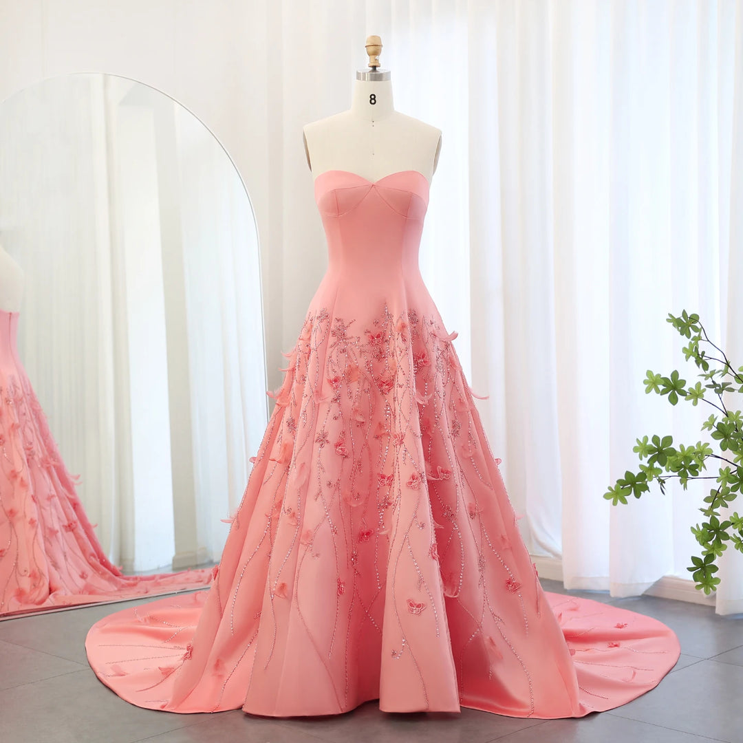 Dreamy Vow Luxury Feathers Dubai Coral Pink Evening Dresses 3D Flowers Sweeheart Long Women Wedding Formal Party Dress SS470