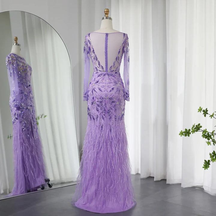 Luxury Lilac Feathers Mermaid Long Sleeves Slit Evening Dress SS189