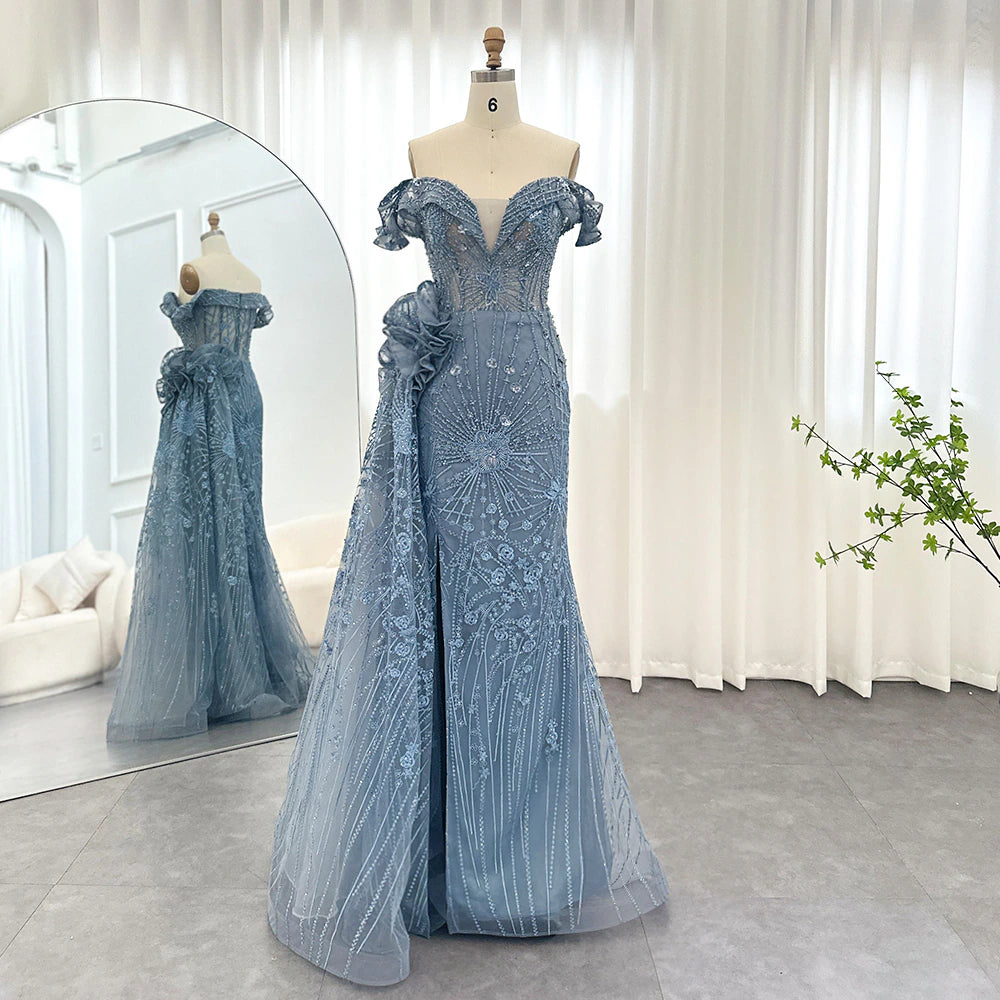 Dreamy Vow Luxury Dubai 3D Flowers Mermaid Blue Evening Dresses With Overskirt Elegant Plus Size Woman Wedding Party Gown 156