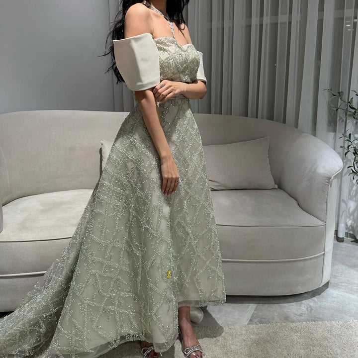 Dreamy Vow Saudi Arabia A-line Sage Green Evening Dresses for Women Wedding Elegant Dubai Beaded Midi Formal Party Gownns SS427