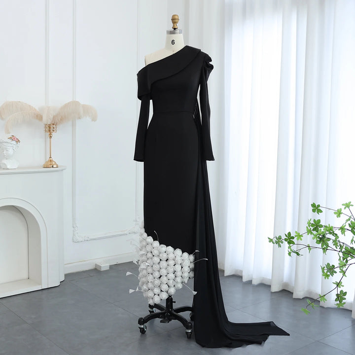 Dreamy Vow Elegant One Shoulder 3D Flowers Feathers Black Evening Dress Long Sleeves Arabic Women Mermaid Formal Party Gowns SS488