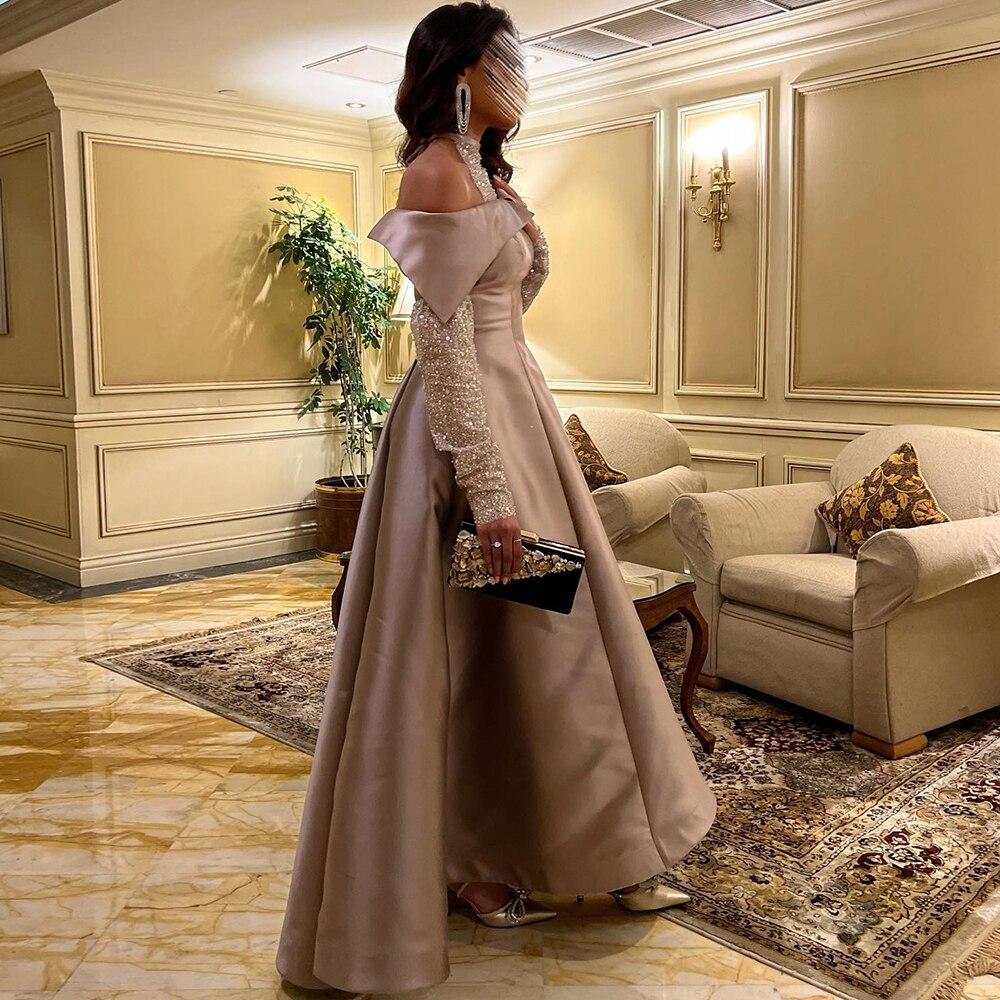 Dreamy Vow Elegant Khaki Satin High Low Dubai Evening Dress for Wedding Party Halter Arabic Women Midi Formal Guest Gowns F 058