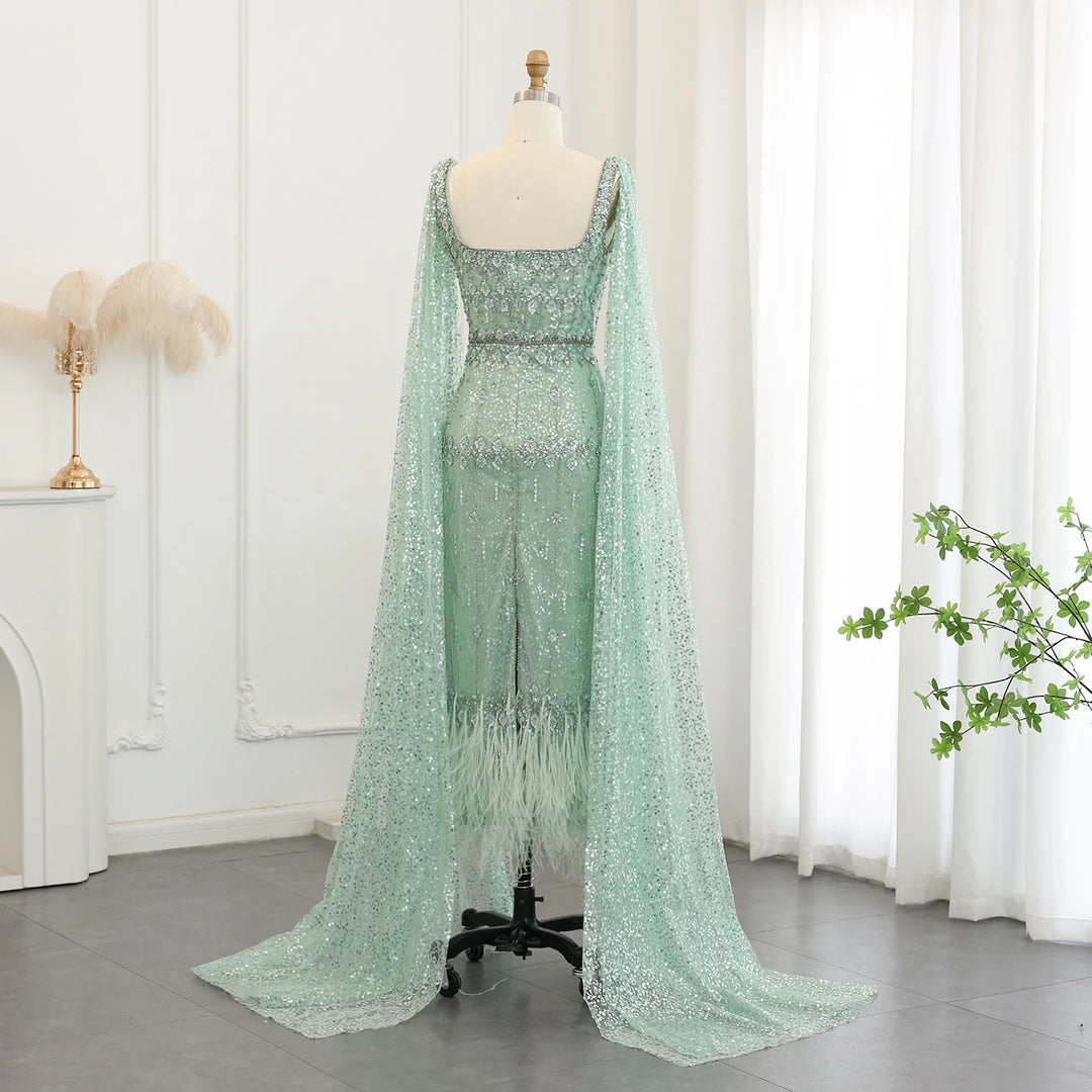 Dreamy Vow Bling Gray Mermaid Arabic Evening Dress with Cape Luxury Feather Dubai Formal Dresses for Women Wedding Party SS279