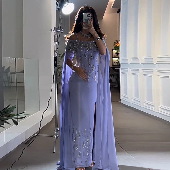 Dreamy Vow Arabic Lilac Mermaid Evening Dress with Cape Sleeves 2024 Luxury Dubai Beaded Women Wedding Formal Party Gowns SS448