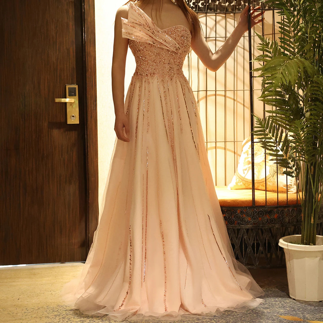 Dreamy Vow Elegant One Shoulder Blush Pink Evening Dress Luxury Beaded A-line Dubai Women Formal Party Gowns for Wedding SS417