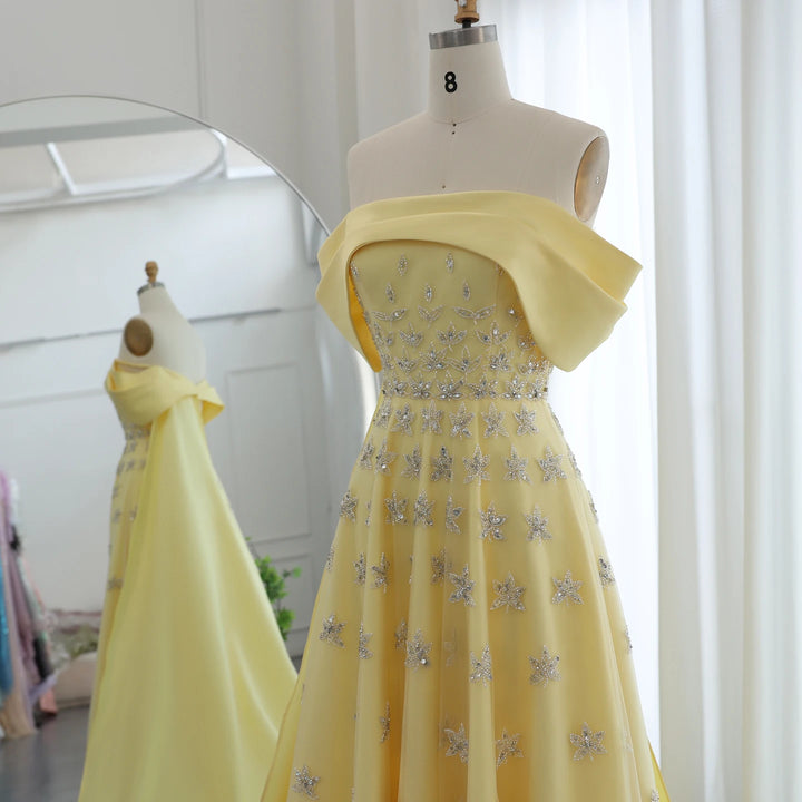 Dreamy Vow Arabic Yellow Satin Luxury Dubai Evening Dress with Cape 2024 Elegant Off Shoulder Women Wedding Party Gowns SS455