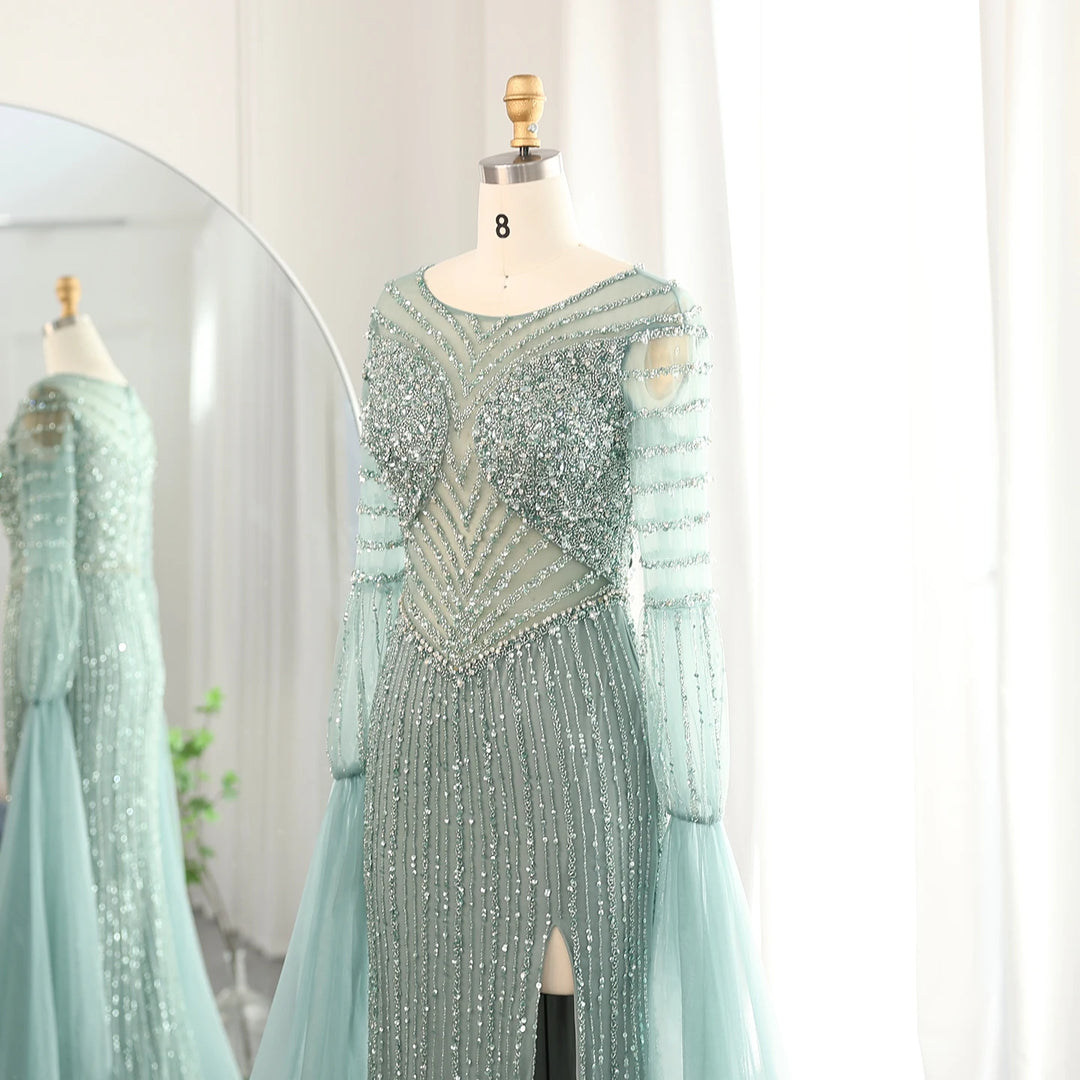 Dreamy Vow Luxury Dubai Mermaid Lilac Evening Dress with Cape Sleeves Slit Elegant Sage Green Women Wedding Party Gowns SS178