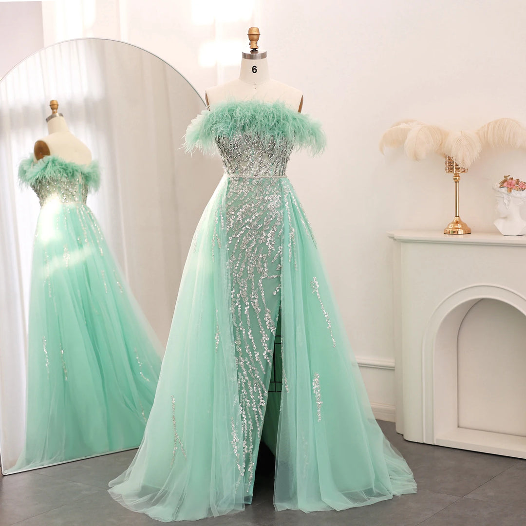 Dreamy Vow Luxury Dubai Feathers Lilac Evening Dress with Overskirt Side Slit Arabic Blue Green Women Wedding Party Gowns SS252