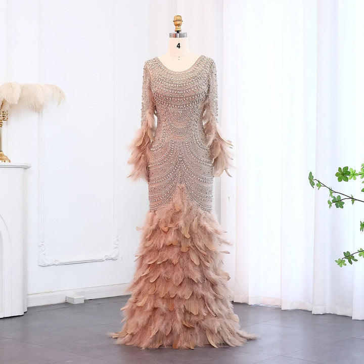 Luxury Feather Nude Long Sleeves Elegant Mermaid Evening Dress SS076