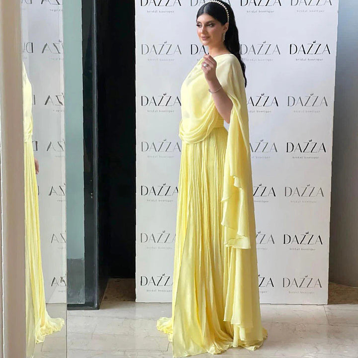 DreamyVow Fuchsia Chiffon Dubai Evening Dresses with Cape Sleeves Elegant Yellow Women Wedding Party Formal Gowns F 090