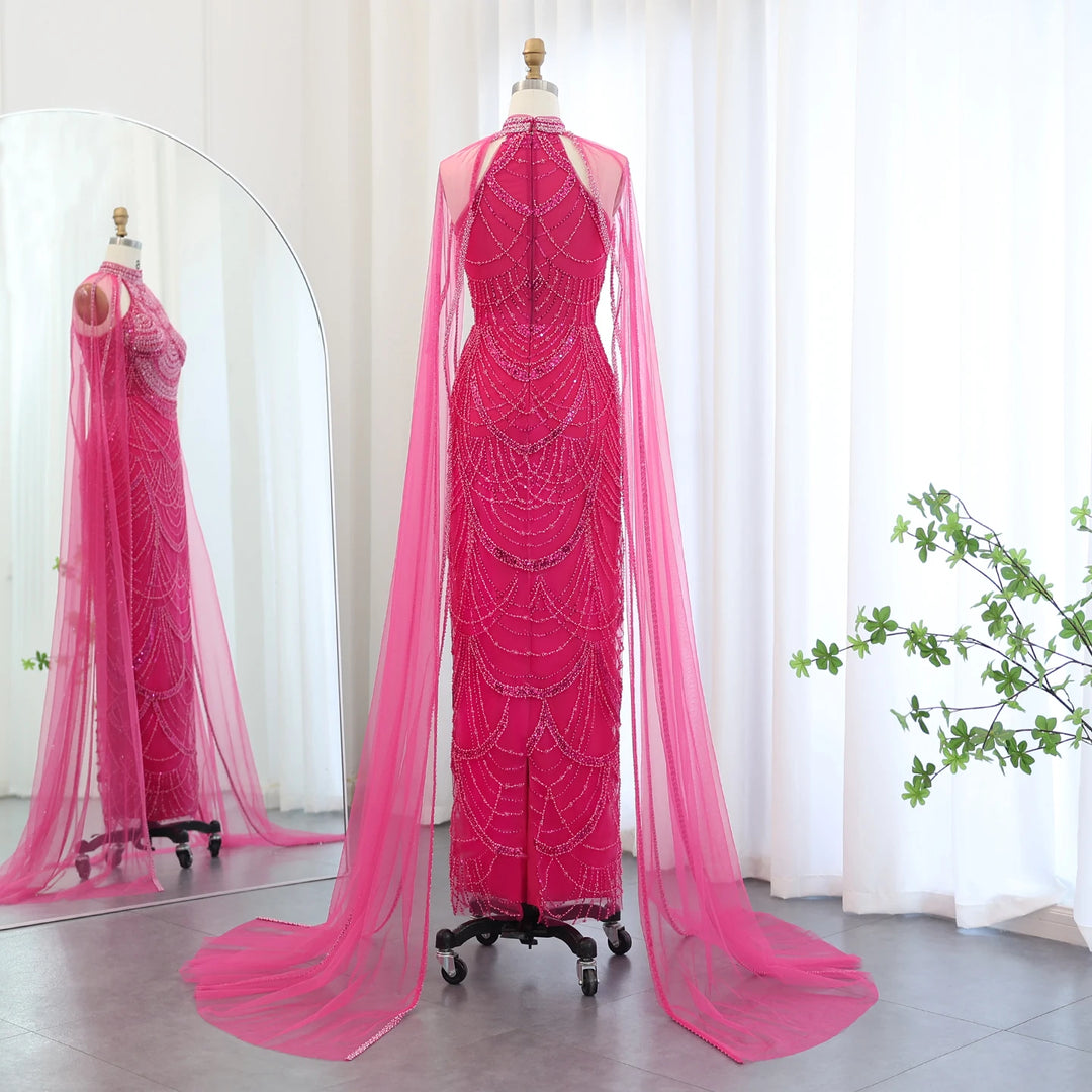 Dreamy Vow Luxury Evening Dresses with Cape Sleeves for Women Dubai Black Fuchsia Blue Pink Elegant Arabic Wedding Dress SS209