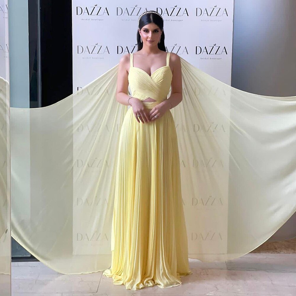 DreamyVow Fuchsia Chiffon Dubai Evening Dresses with Cape Sleeves Elegant Yellow Women Wedding Party Formal Gowns F 090