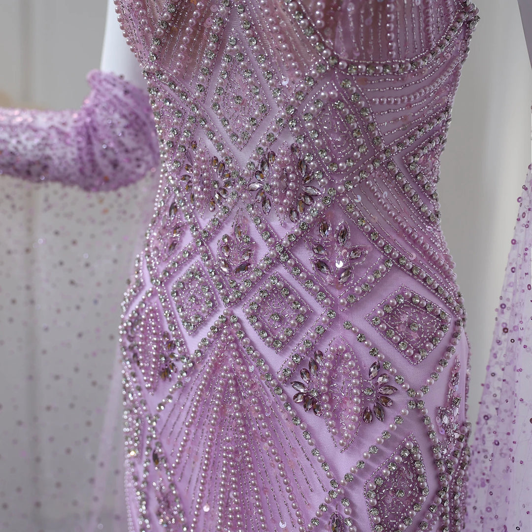 Dreamy Vow Luxury Dubai Lilac Evening Dresses with Gloves Cape Sleeves Long Straight Beyonce Celebrity Prom Party Gowns SS437