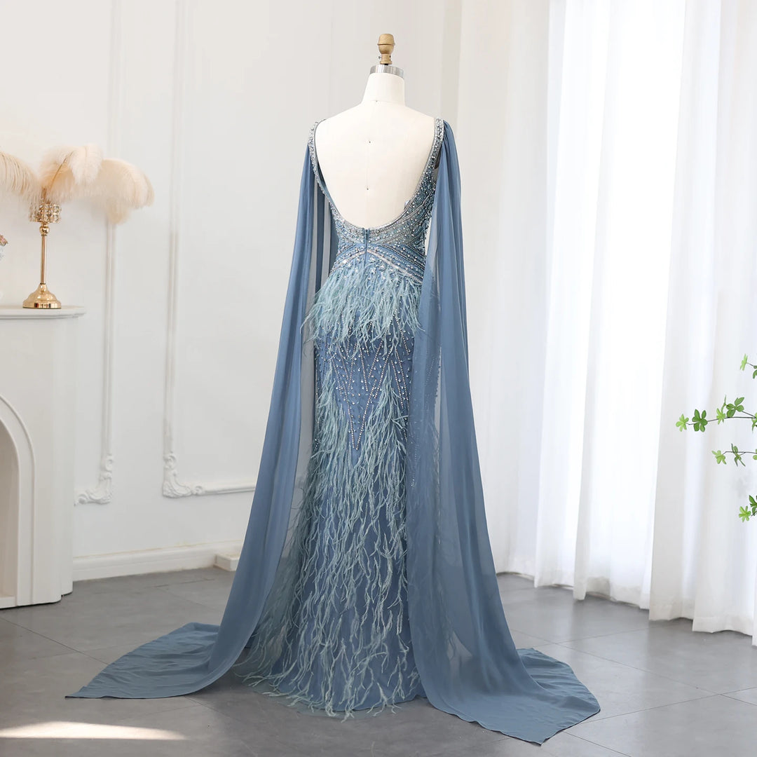 Dreamy Vow Luxury Mermaid Blue Feathers Evening Dress with Cape Sleeve Backless Prom Dresses for Women Wedding Party Gowns SS027