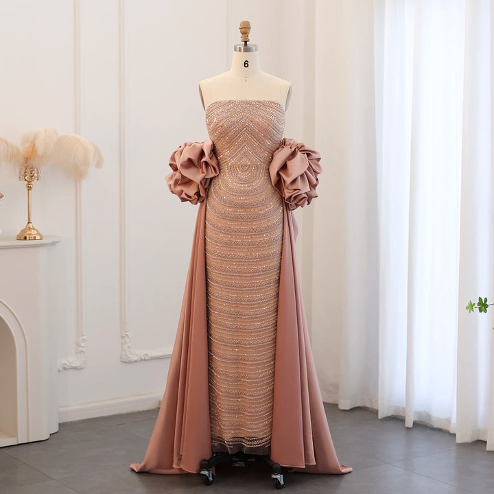 Dreamy Vow Luxury Arabic Dusty Rose Evening Dresses with Cape Dubai Elegant Strapless Midi Women Wedding Party Gowns 2024 SS492