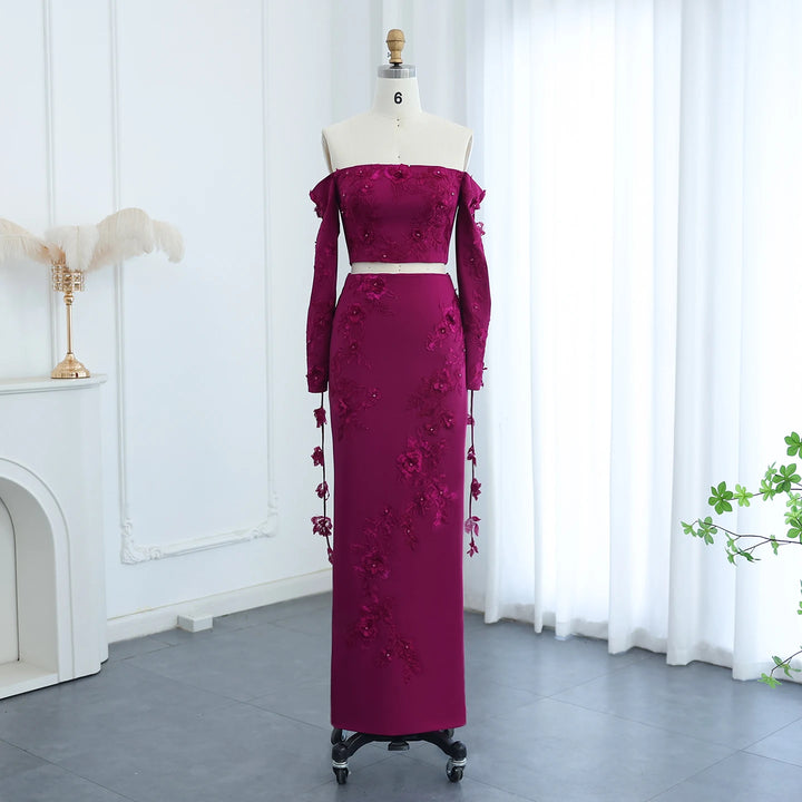 فستان سهرة أنيق بدون أكتاف فوشيا من قطعتين بأكمام طويلة وزهور ثلاثية الأبعاد لحفلات الزفاف العربية SS310
