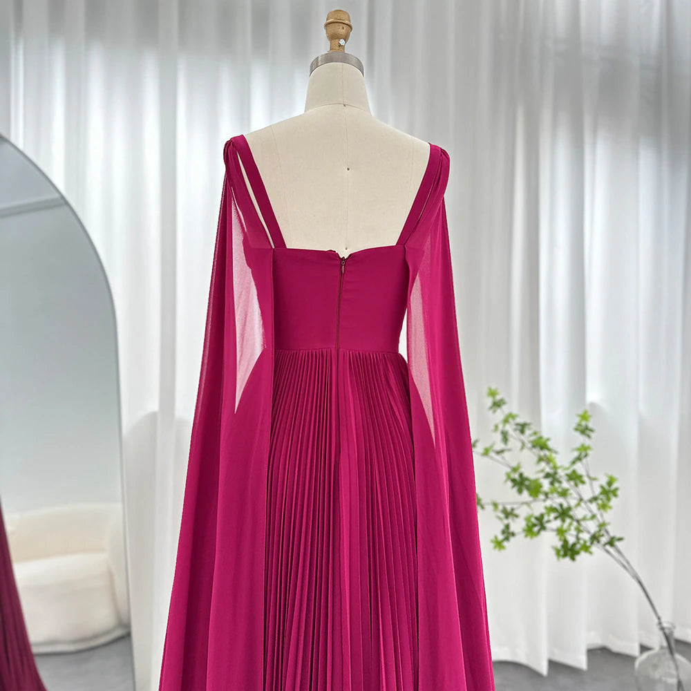 DreamyVow Fuchsia Chiffon Dubai Evening Dresses with Cape Sleeves Elegant Yellow Women Wedding Party Formal Gowns F 090