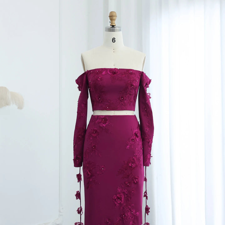 Dreamy Vow Elegant Off Shoulder Fuchsia 2 Pieces Evening Dress with Long Sleeves 3D Flowers Arabic Wedding Party Gowns SS310