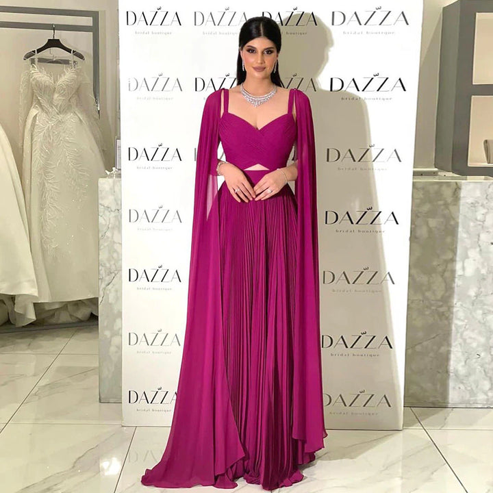 DreamyVow Fuchsia Chiffon Dubai Evening Dresses with Cape Sleeves Elegant Yellow Women Wedding Party Formal Gowns F 090