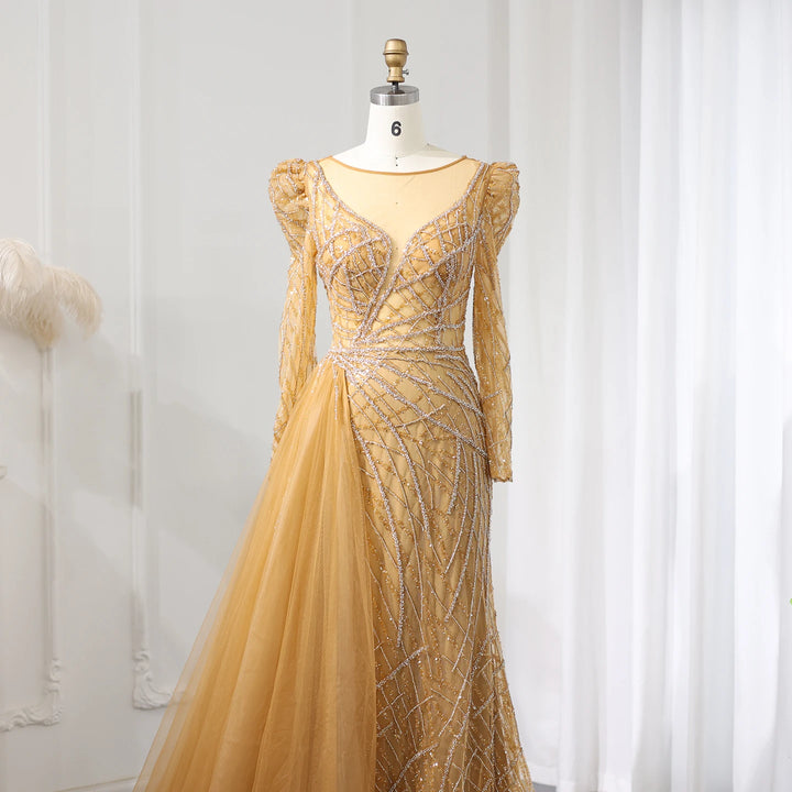 Dreamy Vow Luxury Muslim Gold Mermaid Beaded Dubai Evening Dresses with Overskirt 2024 Plus Size Women Wedding Party Gown SS048