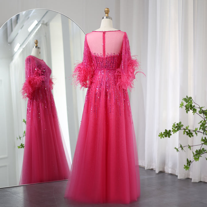 Dreamy Vow Luxury Feathers Black Dubai Evening Dresses for Women Elegant Fuchsia Arabic Half Sleeve Wedding Party Dress SS339