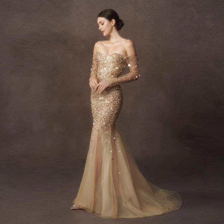 Dreamy Vow Luxury Dubai Champagne Gold Mermaid Evening Dress with Detachable Overskirt Off Shoulder Arabic Wedding Party SS410