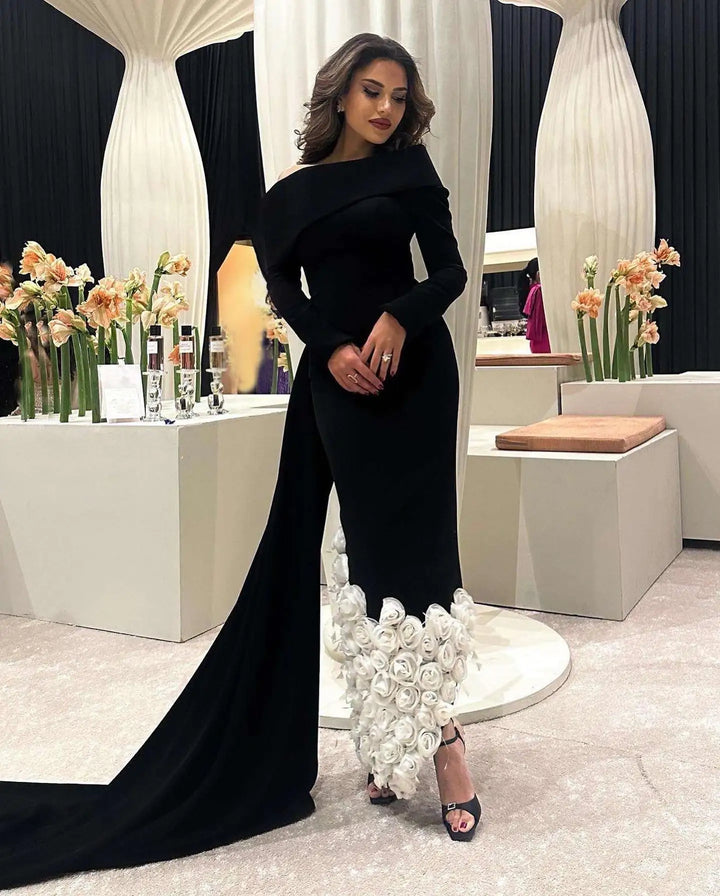 Dreamy Vow Elegant One Shoulder 3D Flowers Feathers Black Evening Dress Long Sleeves Arabic Women Mermaid Formal Party Gowns SS488