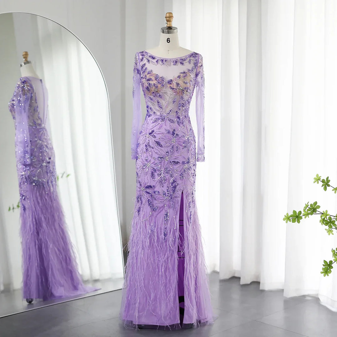 Luxury Lilac Feathers Mermaid Long Sleeves Slit Evening Dress SS189