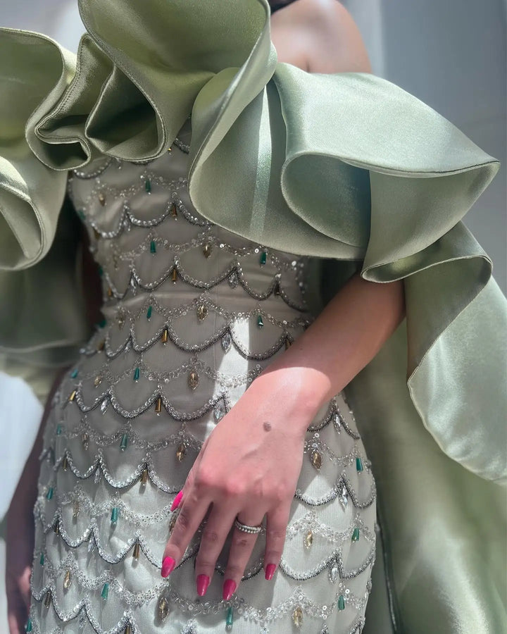 Dreamy Vow Saudi Arabia Sage Green Luxury Dubai Evening Dresses with Cape Lilac Beaded Women Wedding Party Dress SS383