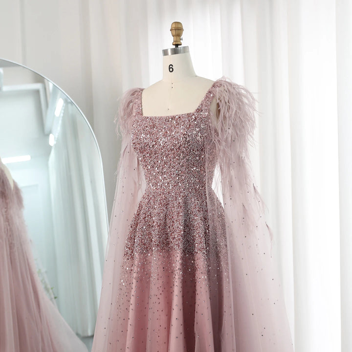 Dreamy Vow Dusty Pink Luxury Feathers Arabic Evening Dresses with Cape Elegant Women Dubai Turkey Wedding Party Gowns SS406