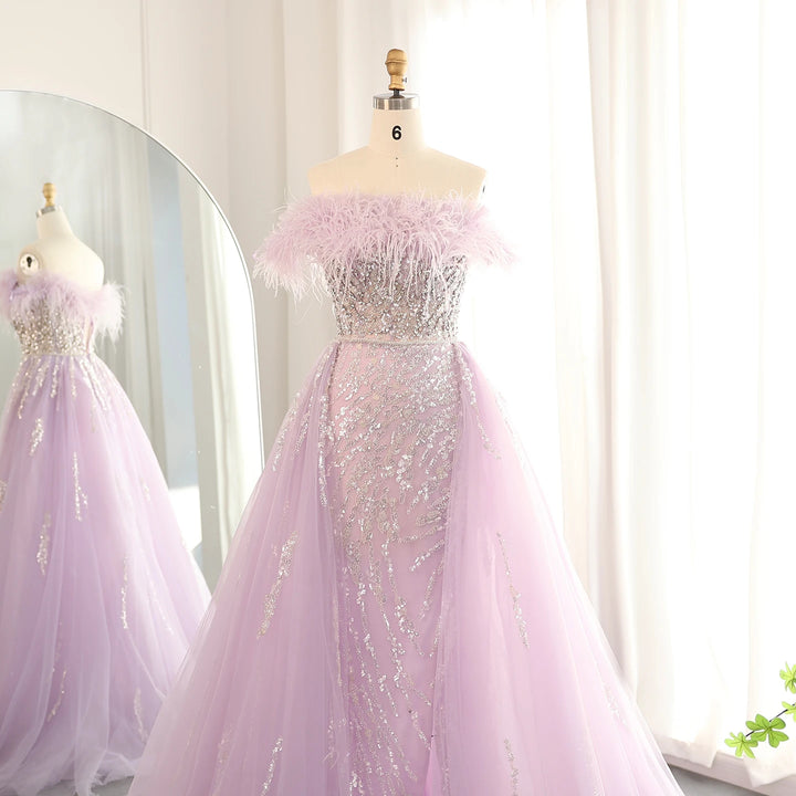 Dreamy Vow Luxury Dubai Feathers Lilac Evening Dress with Overskirt Side Slit Arabic Blue Green Women Wedding Party Gowns SS252