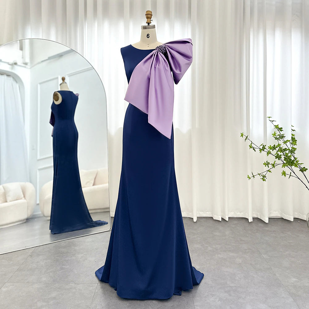 Dreamy Vow Elegant Navy Blue Satin Mermaid Evening Dresses with Lilac Bow Women Wedding Party Formal Gowns F121