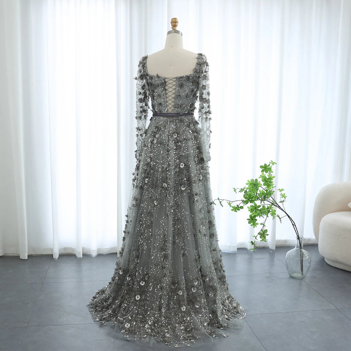 Dreamy Vow Luxury 3D Flower Gray Long Sleeves Evening Dresses for Women Wedding Party Elegant Arabic A-line Formal Gowns SS353