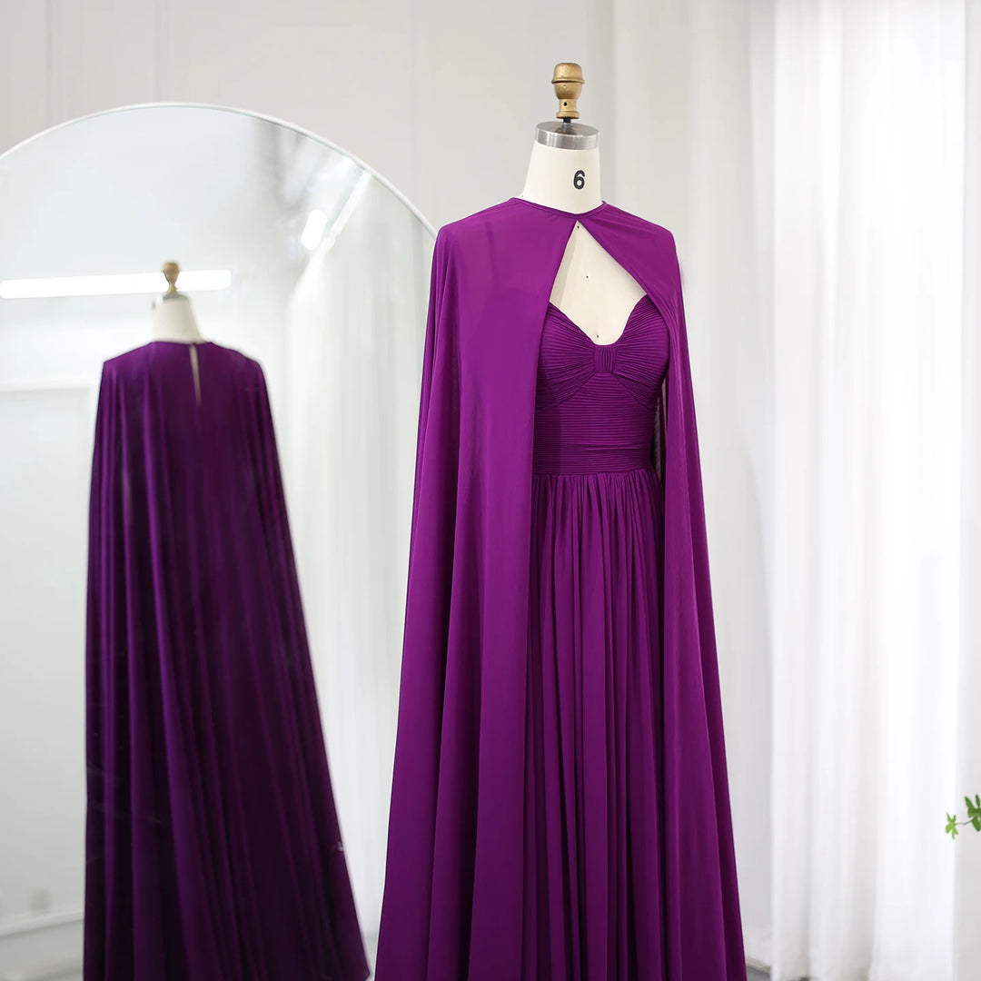 Dreamy Vow Saudi Arabia Purple Chiffon Long Evening Dress with Cape Elegant Sweetheart Green Women Wedding Party Gowns SF002