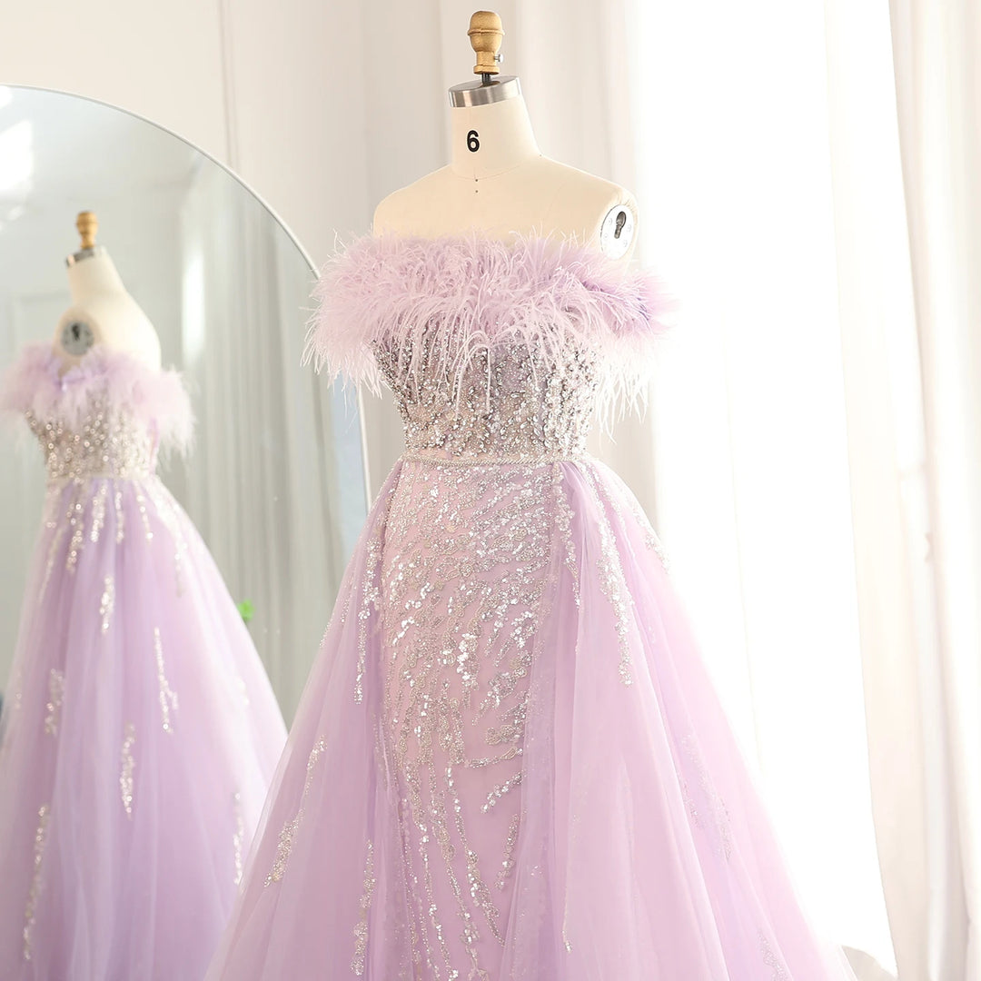 Dreamy Vow Luxury Dubai Feathers Lilac Evening Dress with Overskirt Side Slit Arabic Blue Green Women Wedding Party Gowns SS252