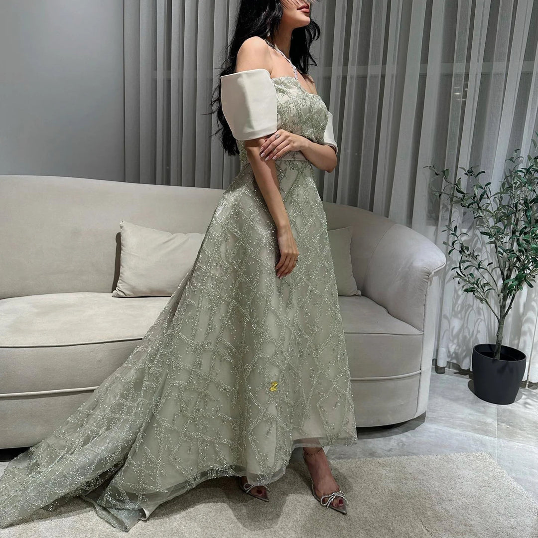 Dreamy Vow Saudi Arabia A-line Sage Green Evening Dresses for Women Wedding Elegant Dubai Beaded Midi Formal Party Gownns SS427