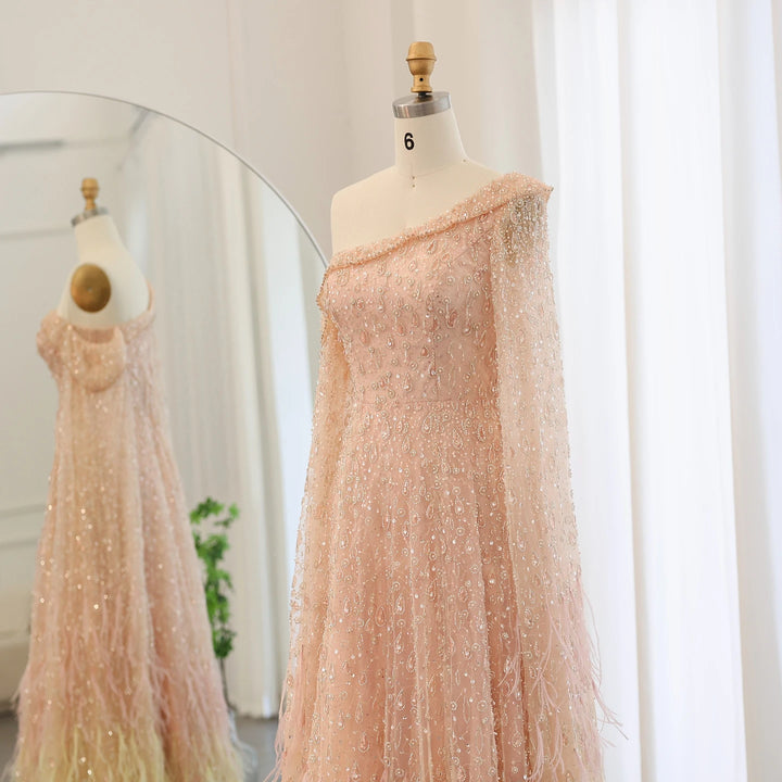 Dreamy Vow Luxury Dubai Feather One Shoulder Evening Dresses with Cape Sleeves Rose Gold Lilac Women Wedding Party Gowns SS438