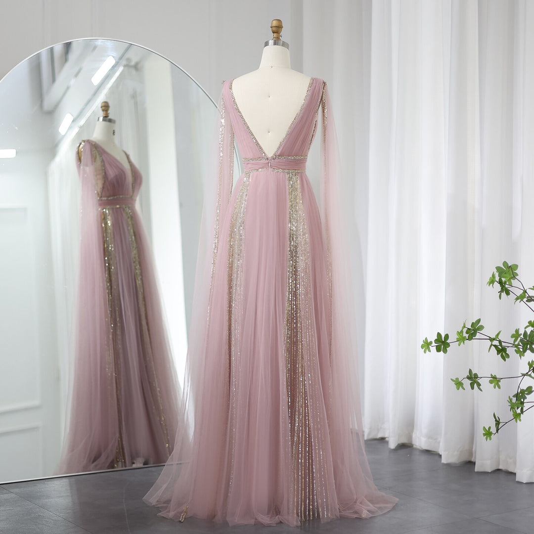 DreamyVow Luxury Arabic Women Pink Evening Dress with Cape Sleeves Elegant Sage Green Yellow Dubai Wedding Party Gowns 010